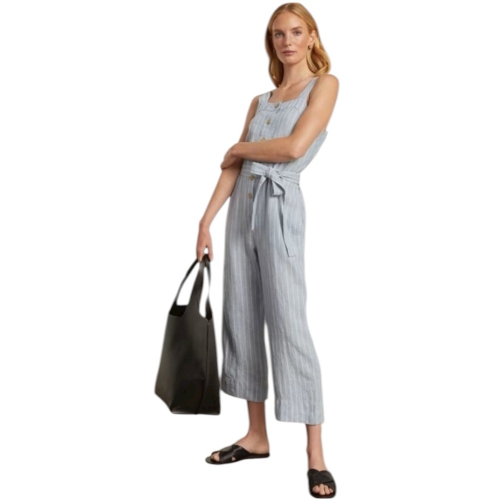 Everlane Linen Square Neck Blue Pinstripe Button‎ Down Tie Front Jumpsuit 2 NWOT